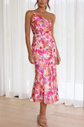 Abstract Floral Print One Shoulder Ruched Mermaid Hem Midi Dress