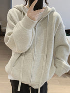 Solid Hooded Zip Up Knit Cardigan