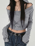 Off Shoulder Hooded Long Sleeve Tee