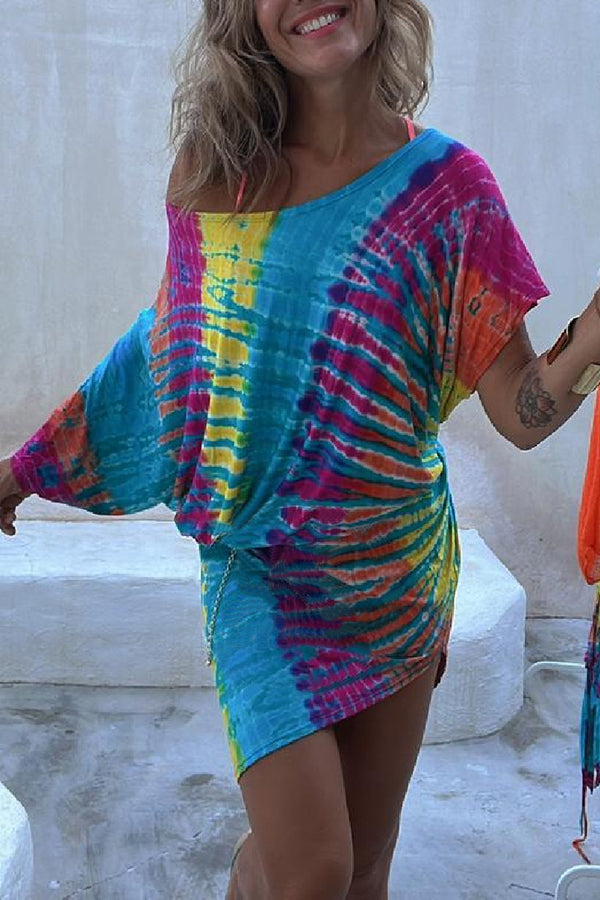 Tie Dye Batwing Sleeve Blouson Bodycon Mini Dress