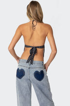 Polka Dot Backless Halter Slim Blouse