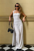 Polka Dot Halter Neck Ruched Bodice Pleated High Split Maxi Dress