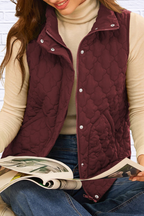 Burgundy Quilted Snap Down Zip Up Vest Coat _ Women__ Lightweight Warm Outerwear for Fall & Winter