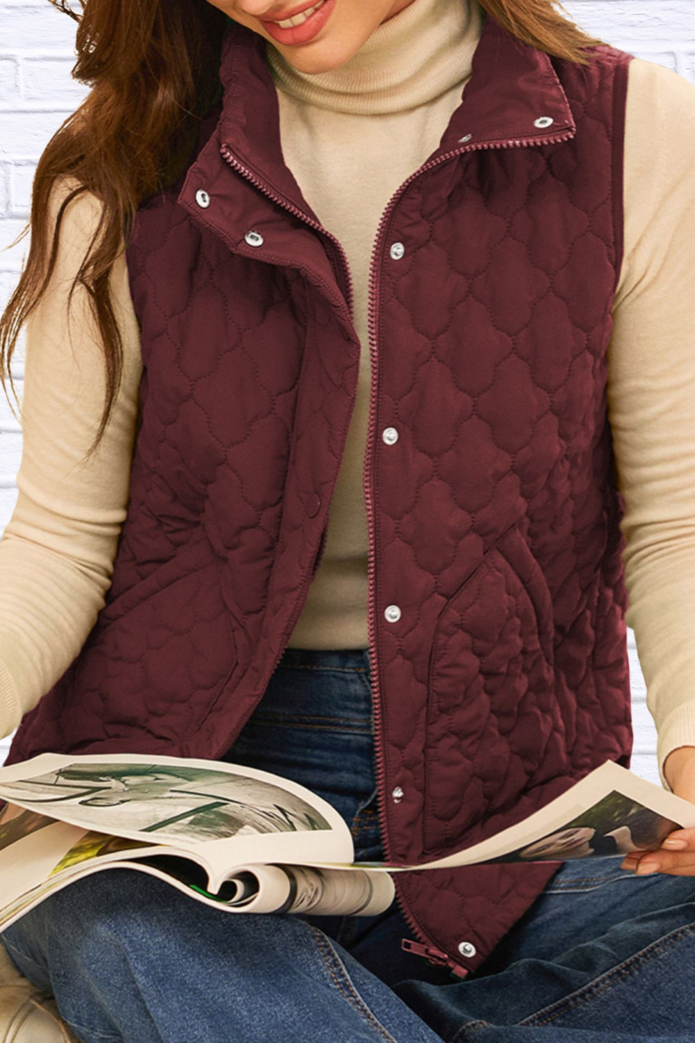 Burgundy Quilted Snap Down Zip Up Vest Coat _ Women__ Lightweight Warm Outerwear for Fall & Winter