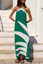 Stylish Color-blocked Print Halter Neck Backless Casual Vacation Maxi Dress