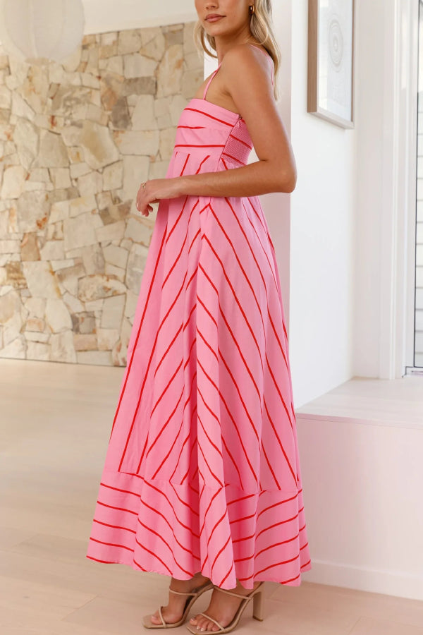 Striped Printed Spaghetti Strap Sleeveless Back Pleated Casual Maxi Dress