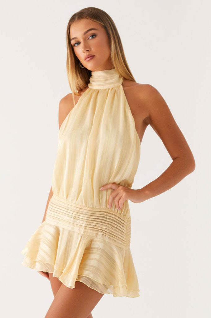 Halter Neck Pleated Collar Drop Waist Ruffle Flounce Mini Dress