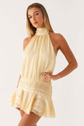 Halter Neck Pleated Collar Drop Waist Ruffle Flounce Mini Dress