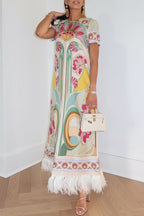 Jazlynn Satin Colorful Baroque Style Printed Short Sleeve Feather Trim Maxi Dress