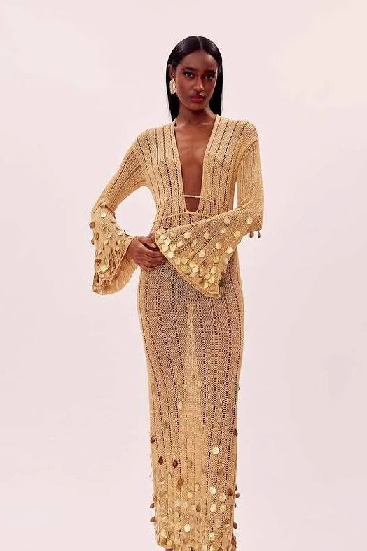 Sequin Knit Deep V-Neck Bell Sleeve Crochet Maxi Dress