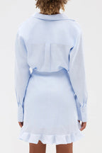 Solid Color Collared Long-sleeved Casual Shirt Style Lace Up Vacation Mini Dress