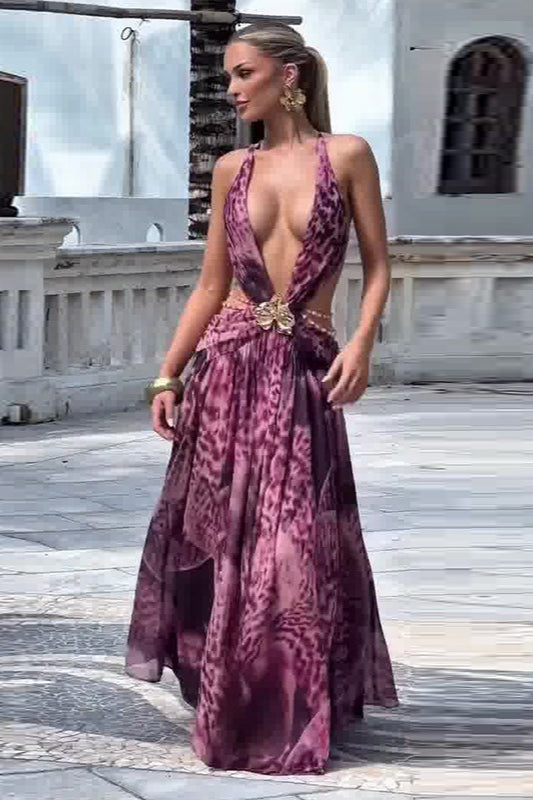 Halter Neck Deep V-Neck Cut Out Pleated Chiffon High Split Maxi Dress