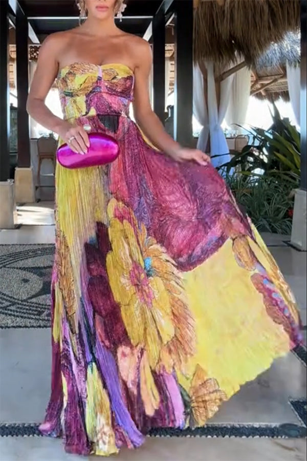 Vibrant and Bold Floral Print Sweetheart Neck Pleated Maxi Dress