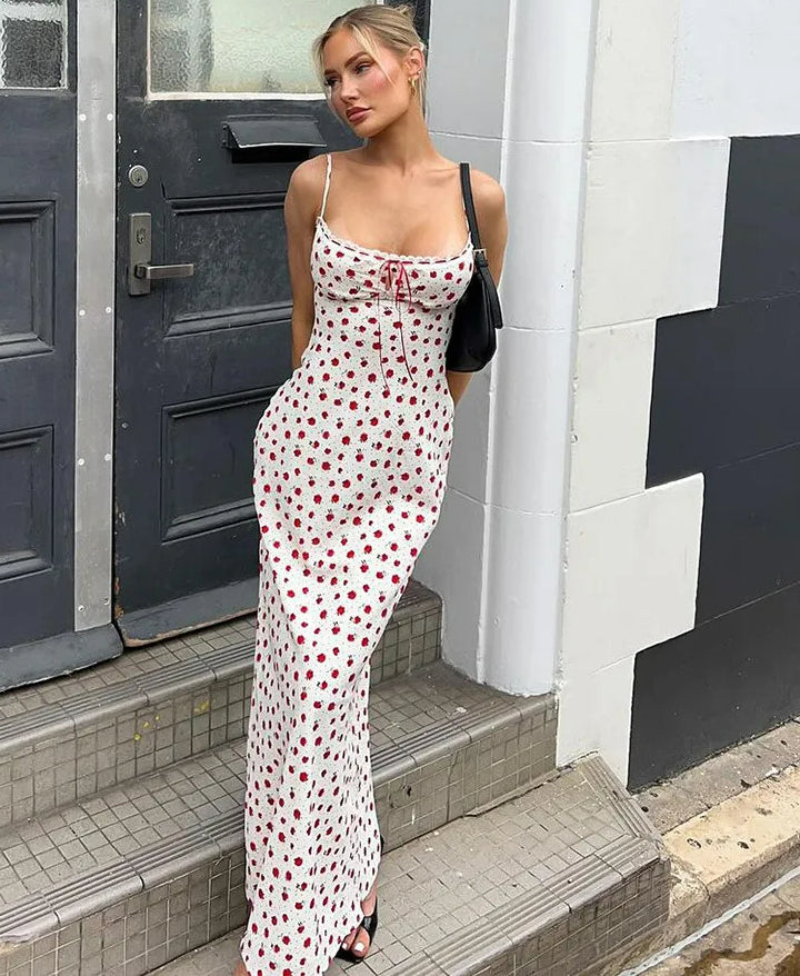 Spaghetti Strap Floral Print Lace Trim Tie Neck Bodycon Maxi Dress
