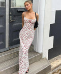 Spaghetti Strap Floral Print Lace Trim Tie Neck Bodycon Maxi Dress