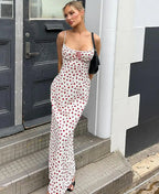 Spaghetti Strap Floral Print Lace Trim Tie Neck Bodycon Maxi Dress