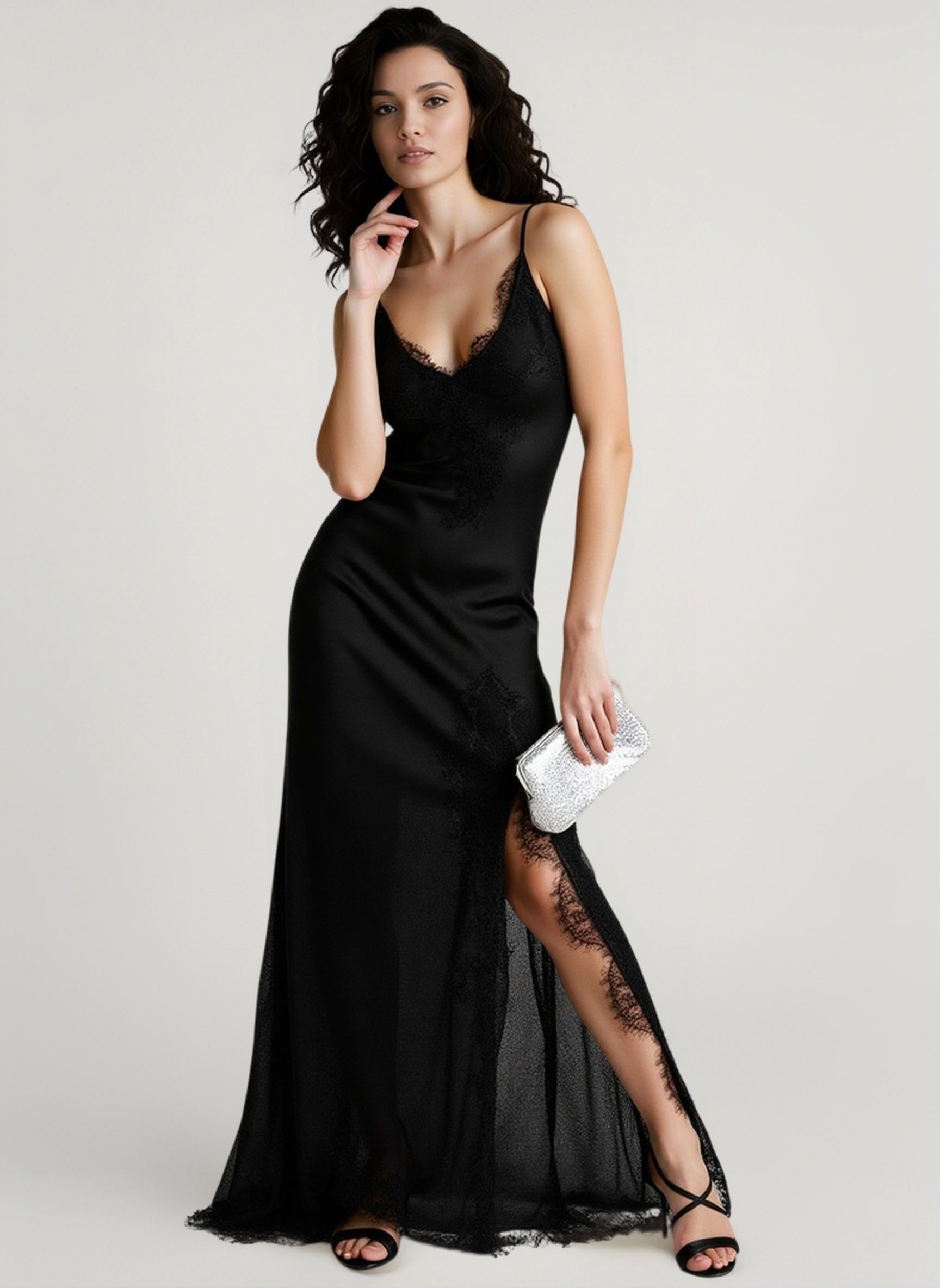Satin Lace Panel Deep V-Neck Spaghetti Strap Lace Trim High Split Maxi Dress