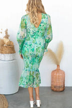 Deep V-Neck Smocked Floral Print Balloon Sleeve Ruffle Hem Mermaid Midi Dress