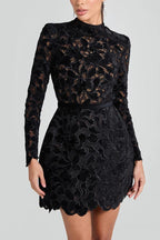 Burnout Velvet Floral Lace Mock Neck Long Sleeve Bodycon Mini Dress