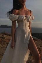 Off Shoulder Puff Sleeve Corset Tie Front High Split Maxi Dress