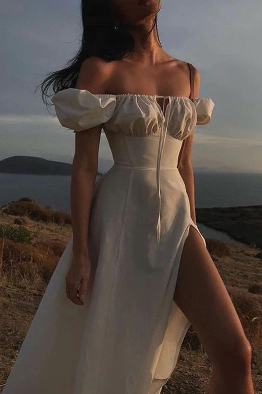 Off Shoulder Puff Sleeve Corset Tie Front High Split Maxi Dress