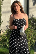 Black Square Neck Spaghetti Strap Contrast Polka Dot Slit Maxi Dress