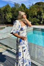 Mediterranean Graphic Print Square Neck Puff Sleeve Tiered Ruffle Hem Maxi Dress
