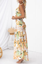 Floral Print Satin Halter Neck Sleeveless Column Maxi Dress