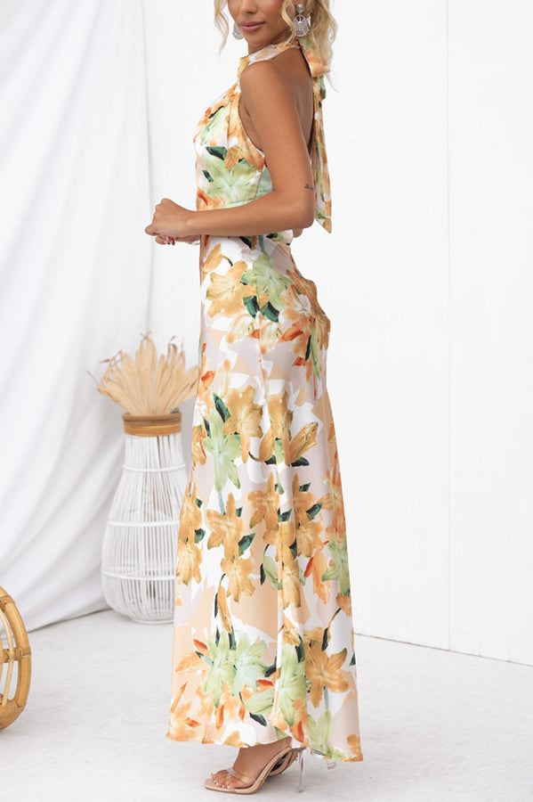 Floral Print Satin Halter Neck Sleeveless Column Maxi Dress