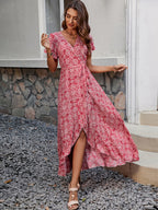 Floral Boho Short Sleeve Wrap Maxi Dress - V Neck Belted High-Low Flowy Sun Dress - Summer Beach Vacation 2026