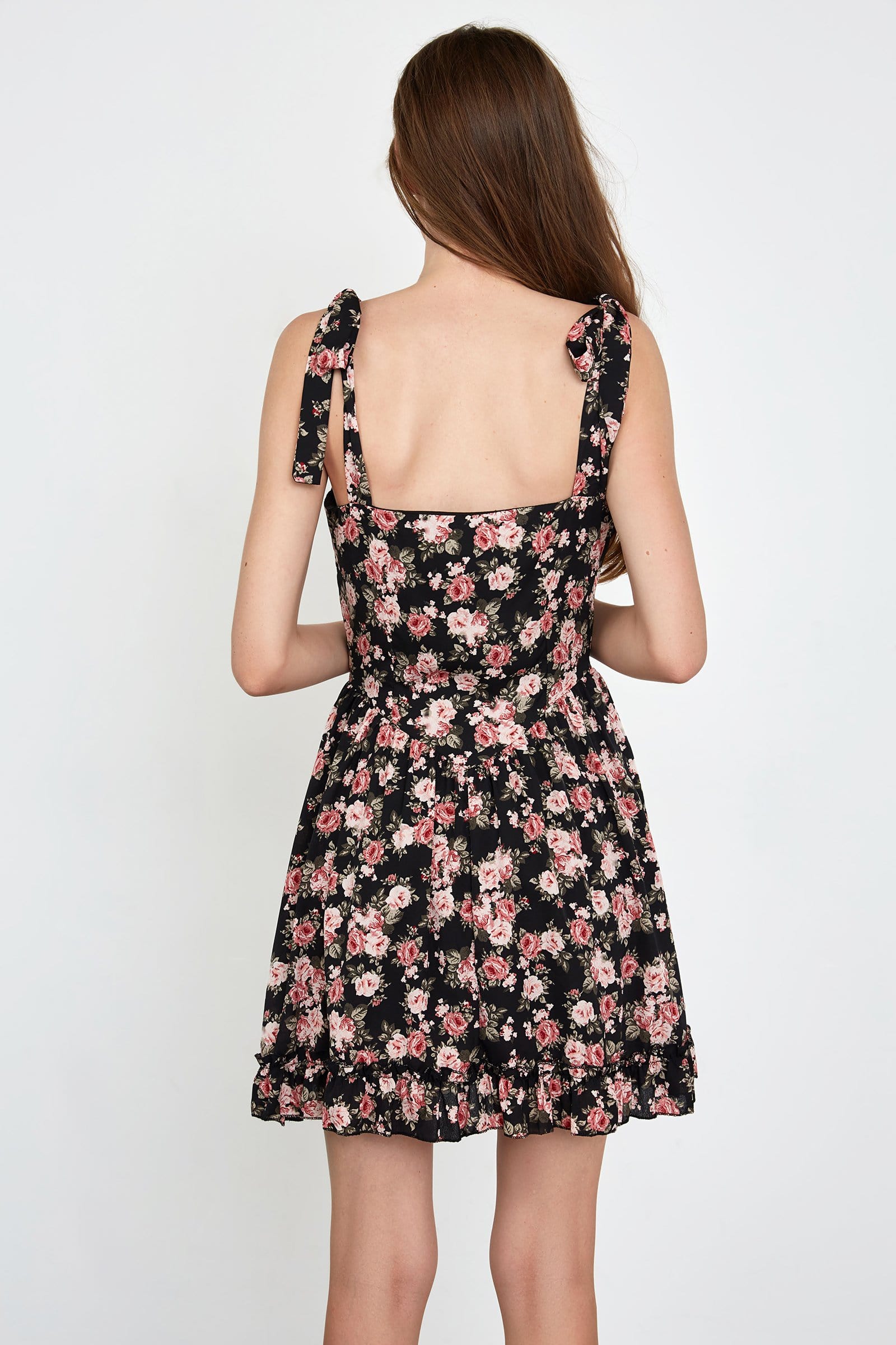 Floral Print Tie Shoulder Ruffle Hem Mini Dress