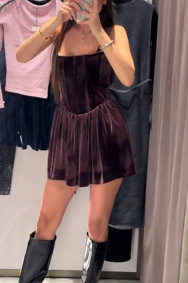 Velvet Square Neck Corset Seam Gathered Fit and Flare Mini Dress