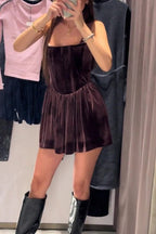 Velvet Square Neck Corset Seam Gathered Fit and Flare Mini Dress