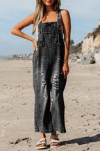 Blue Zone Planet | Stone Blue Distressed Bib Pocket Wide Leg Denim Overall