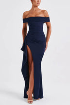 Off Shoulder Ruched Bodycon High Split Maxi Dress
