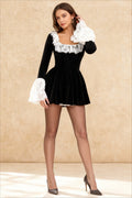 Velvet Square Neck Lace Trim Flared Cuff Long Sleeve Fit and Flare Mini Dress