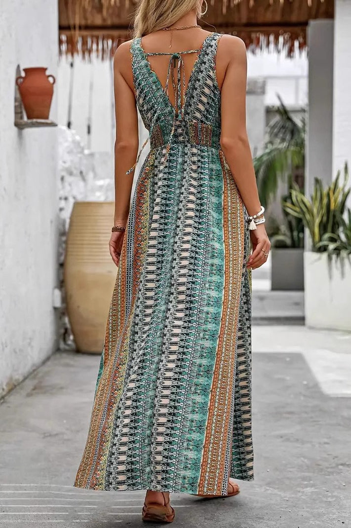 Smocked V-Neck Boho Print Flowy Maxi Summer Dress