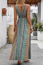 Smocked V-Neck Boho Print Flowy Maxi Summer Dress
