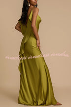 Evening Date Satin Cowl Neck Drape Ruffle Backless Bias Cut Party Maxi Dress