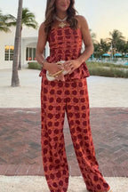 Chainlink Printed Bubble Back Pleated Slip Top and Elastic Waist Pocket Loose Pants Set