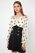 Butterfly Print Ruched Sweetheart Balloon Sleeve Pearl Button Mini Dress