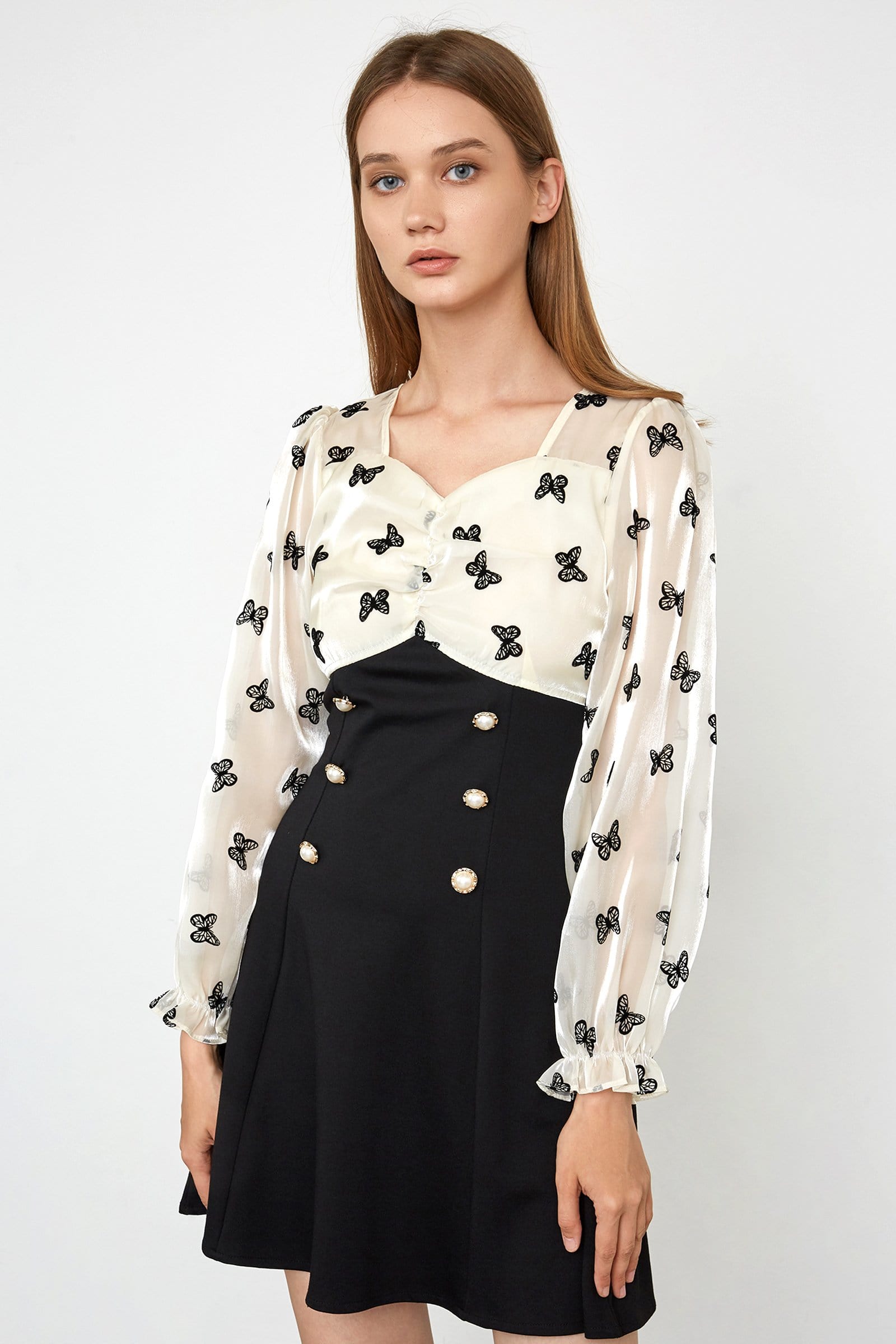 Butterfly Print Ruched Sweetheart Balloon Sleeve Pearl Button Mini Dress