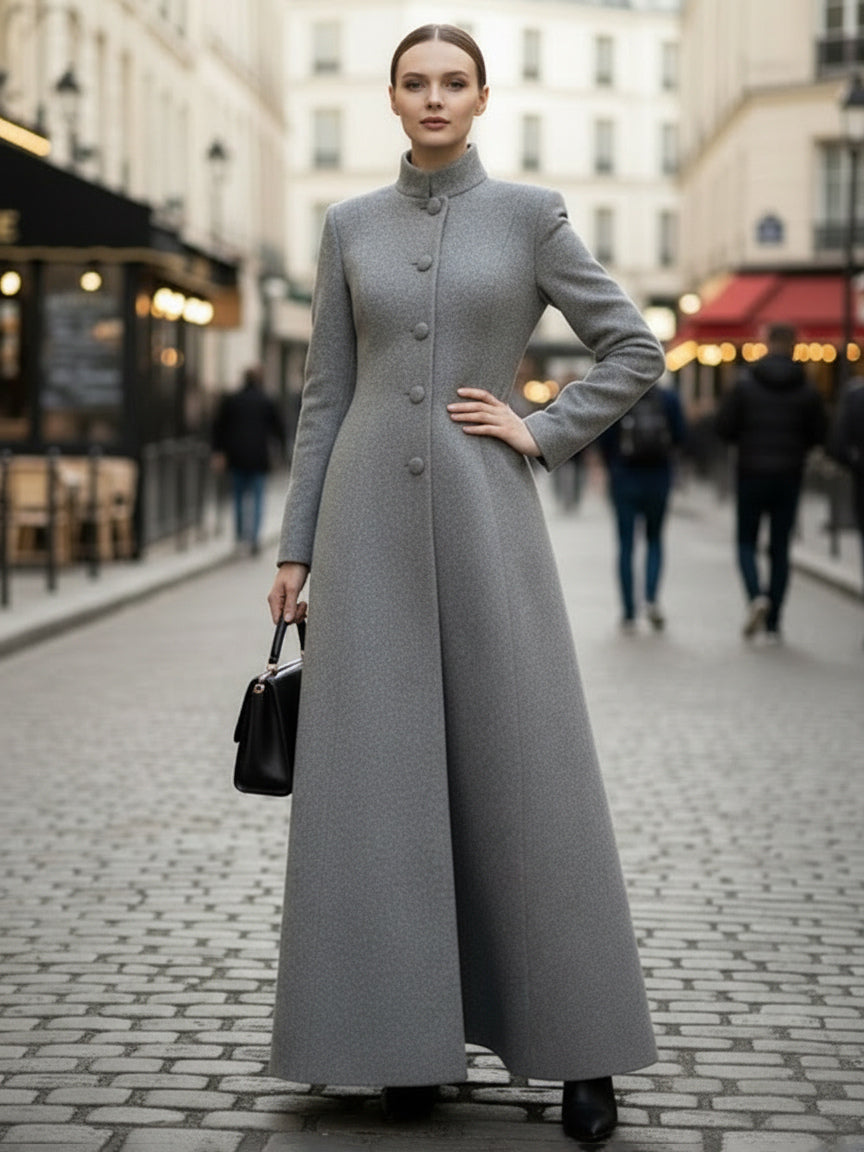Maxi Wool Blend A-Line Coat with Stand Collar For Women 2026