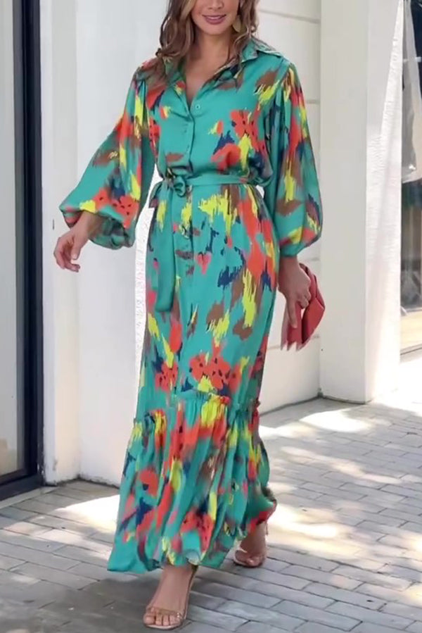 Abstract Brushstroke Print Collar Balloon Sleeve Tie Waist Tiered Maxi Dress
