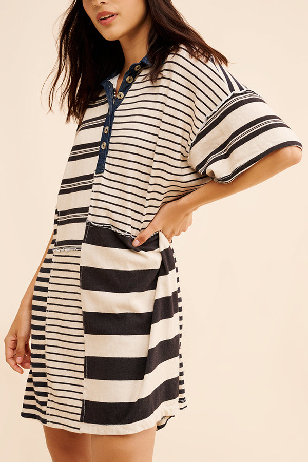Denim Collar Striped Patchwork Polo Rugby Mini Dress