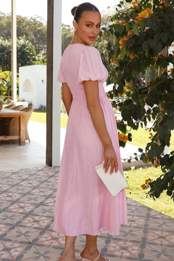 Solid V Neck Puff Sleeve Flared Midi Dress