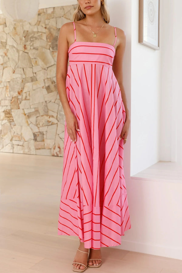 Striped Printed Spaghetti Strap Sleeveless Back Pleated Casual Maxi Dress