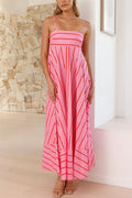 Striped Printed Spaghetti Strap Sleeveless Back Pleated Casual Maxi Dress