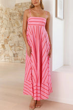 Striped Printed Spaghetti Strap Sleeveless Back Pleated Casual Maxi Dress