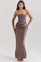 Strapless Peaked Corset Bodice Side Ruched Satin Column Maxi Gown